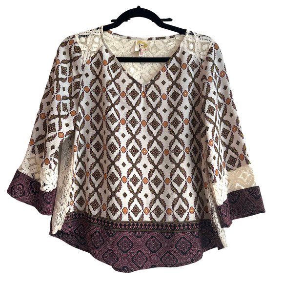 Fig and Flower Anthropologie Multi-Print and Lace Boho Blouse - Picture 1 of 5